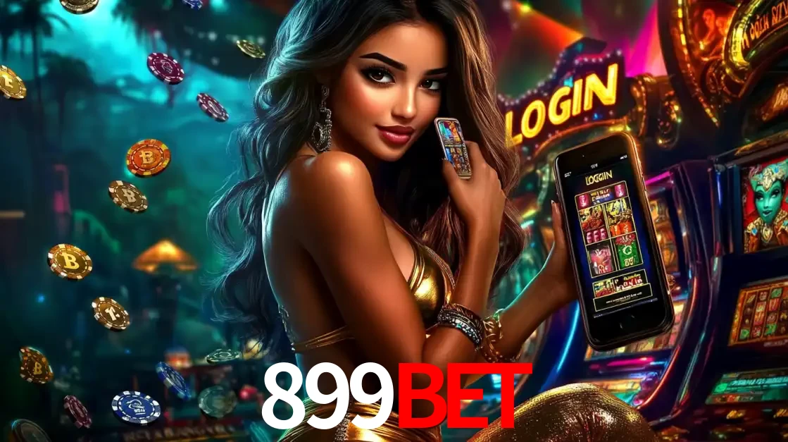 Mulher em um cenário de cassino temático de aventura, mostrando o app de caça-níqueis da 899BET no celular. Fichas de apostas flutuam ao redor.