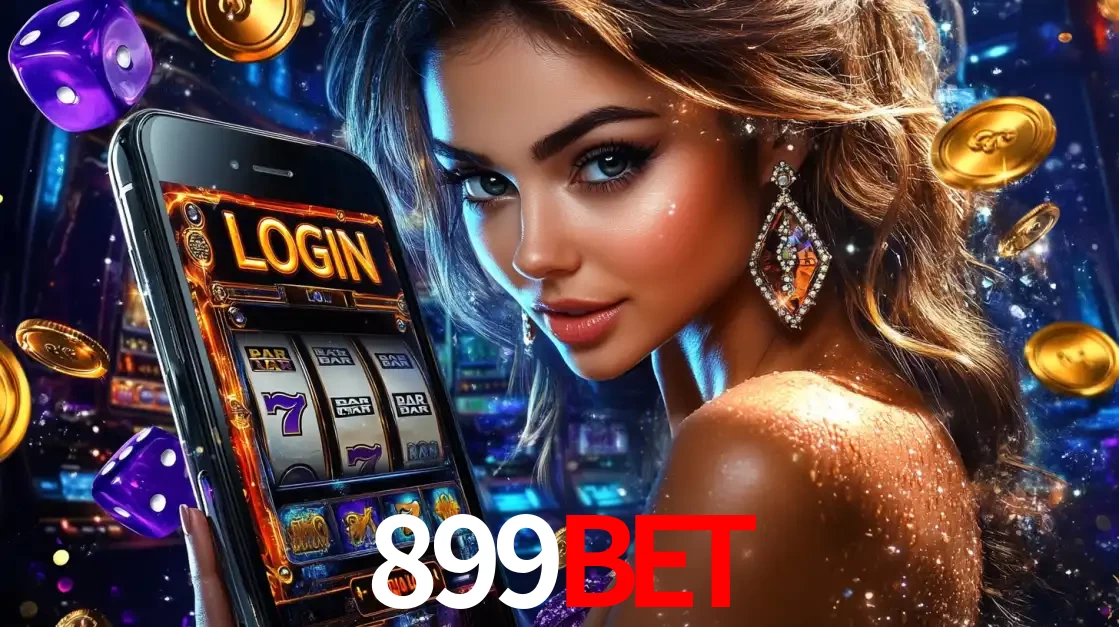 Mulher glamorosa segurando um smartphone com a tela de login para os jogos de caça-níqueis do cassino online 899BET, com moedas de ouro e dados ao redor.
